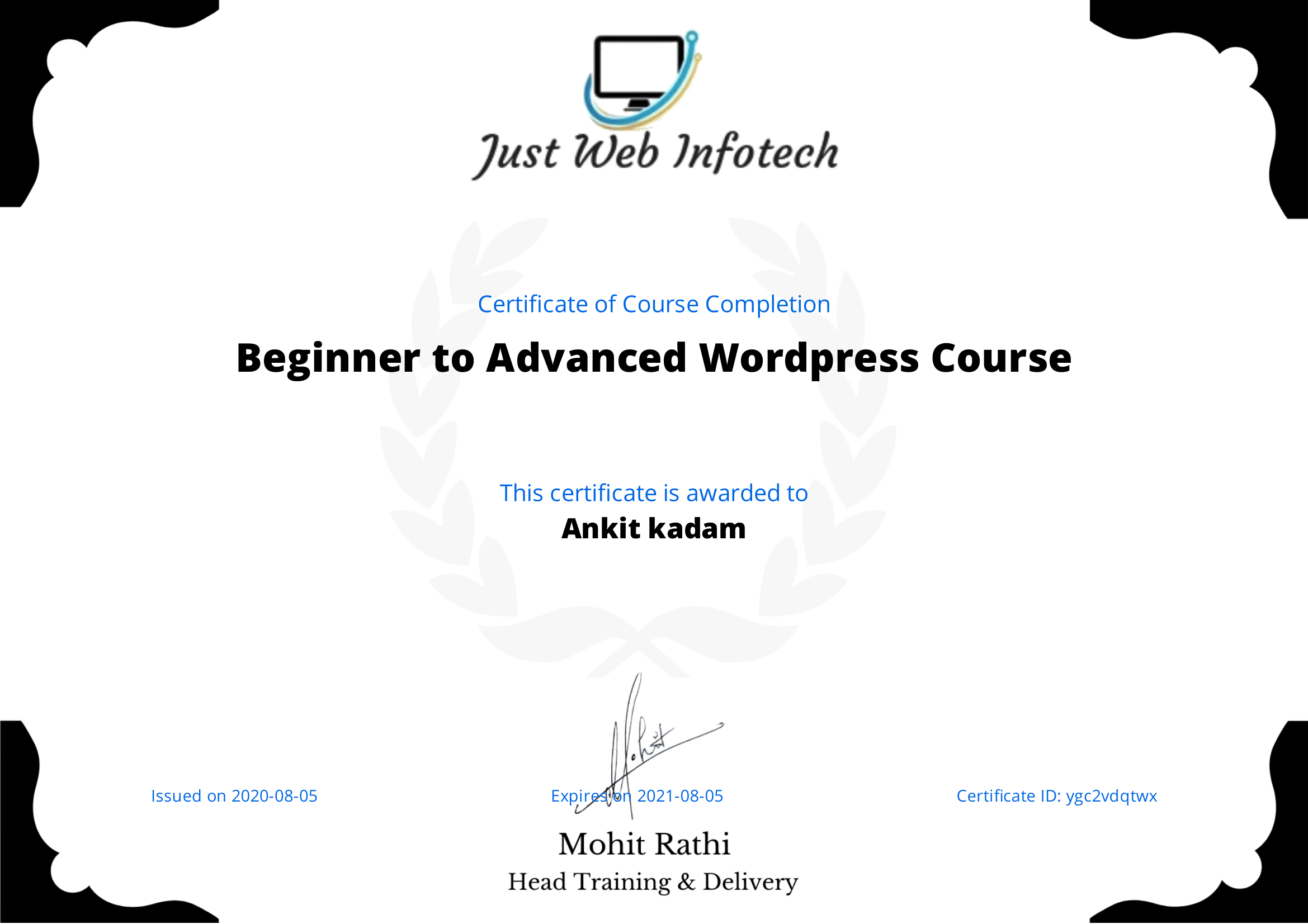 WordPress Course Certificate